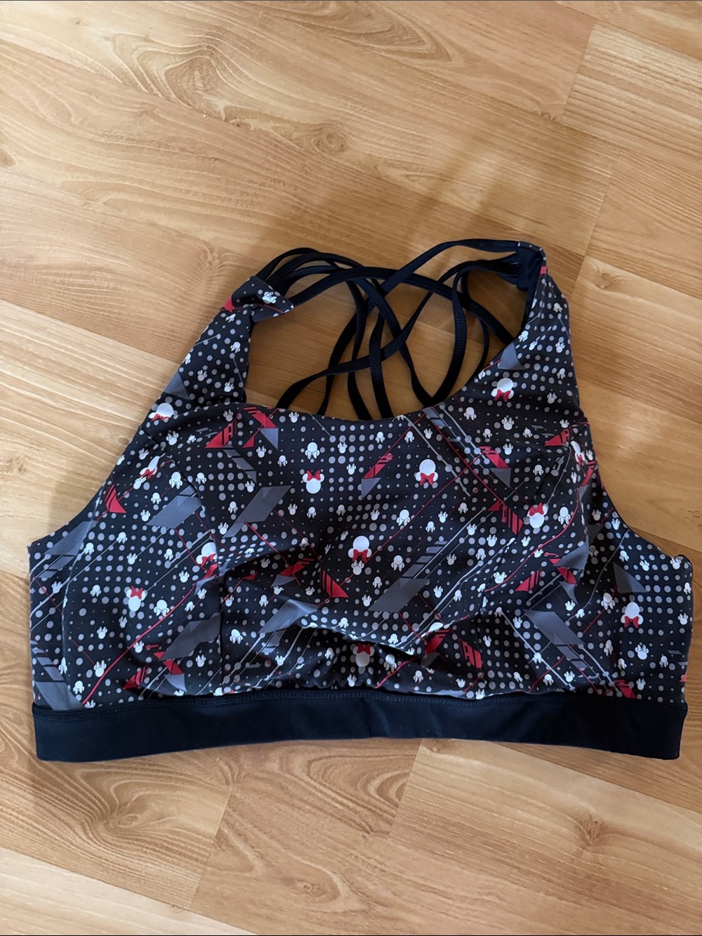 Disney Black Sports Bra with Red & Gray Mickey Pattern